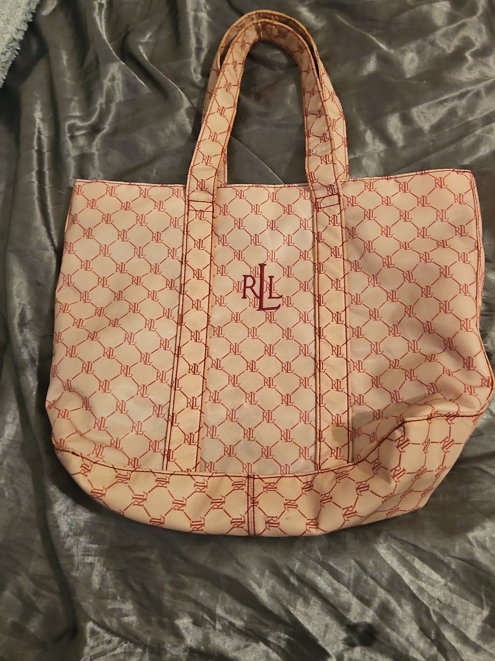 Ralph Lauren Red and White RL Monogram Tote Cosmetic /Travel Bag